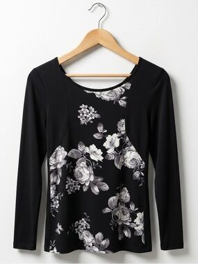 Fraiche by J Black And White Dark Floral Panel Long-Sleeve Tee